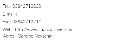 Anatolia Cave Hotel telefon numaralar, faks, e-mail, posta adresi ve iletiim bilgileri